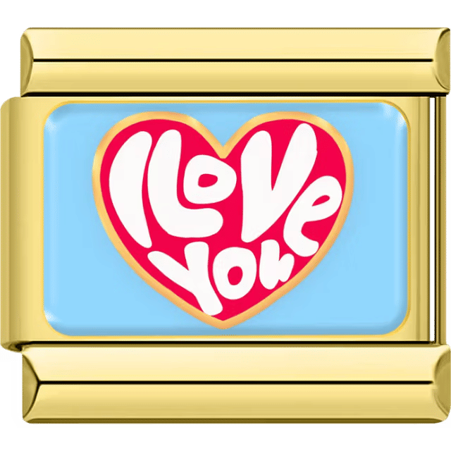 Gold Italian charm with a red heart and white “I Love You” lettering on a light blue background.